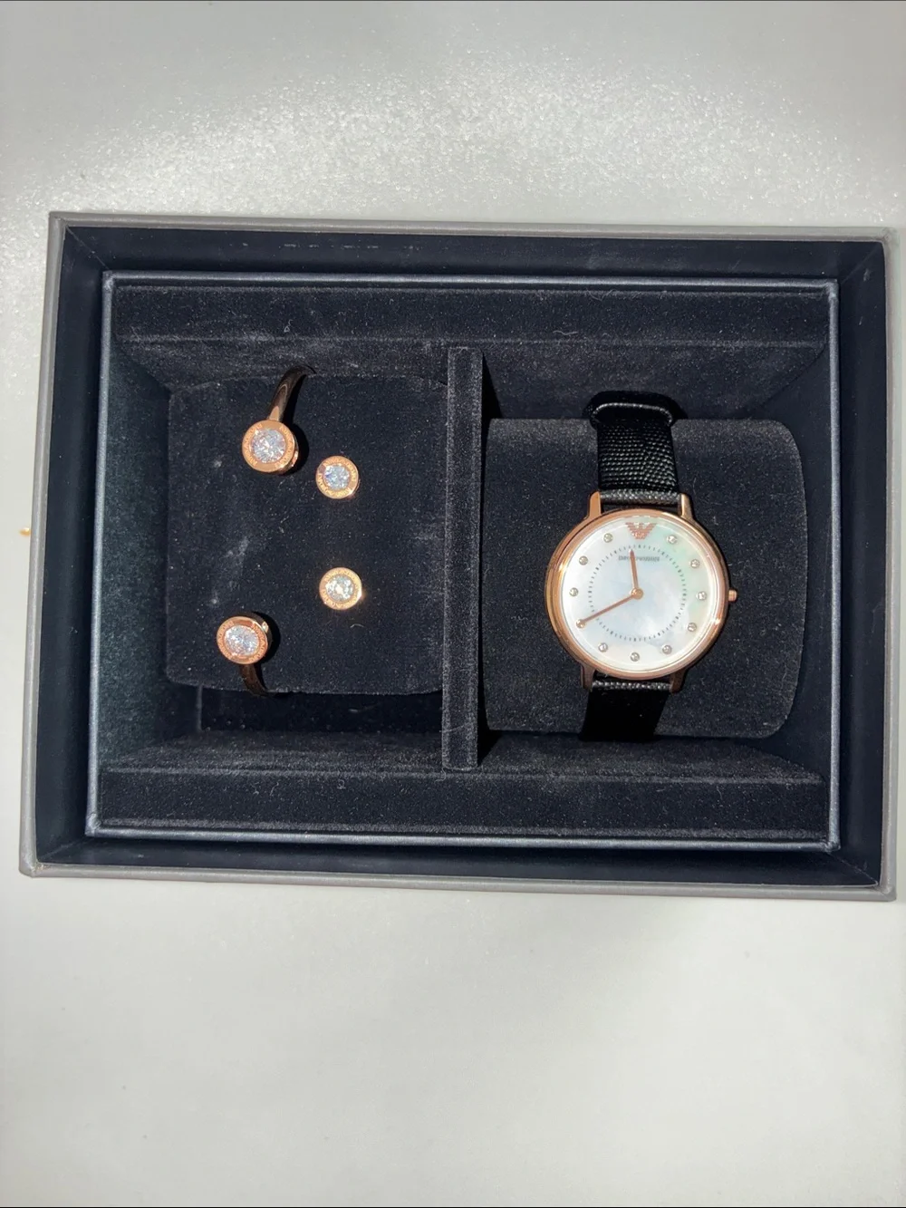Emporio Armani Rose Gold Tone Watch with Black Mesh Strap and Crystal Earrings
